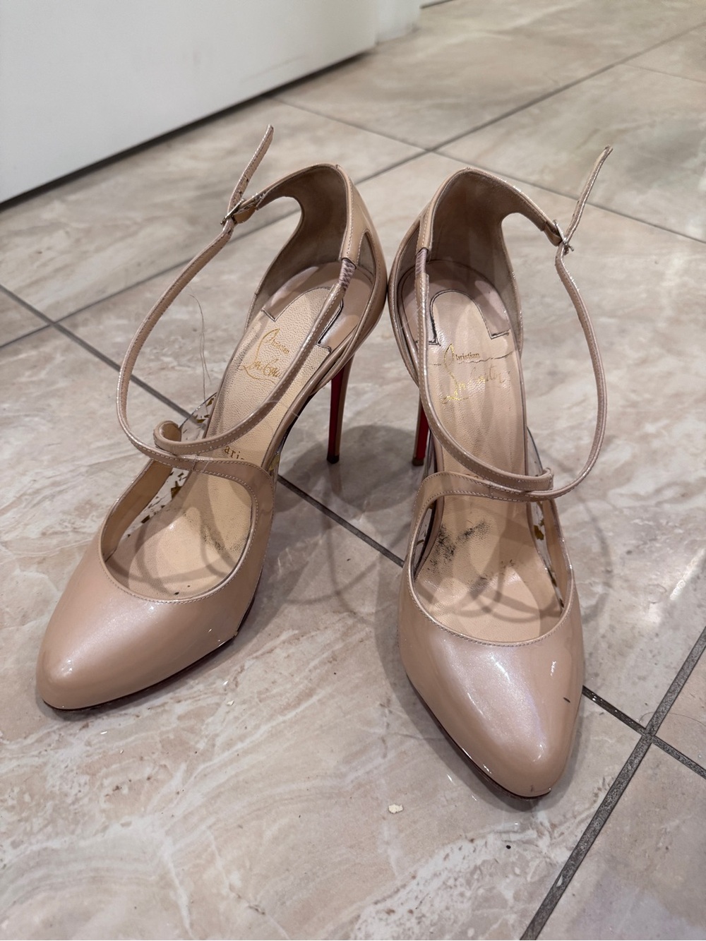 Christian Louboutin Beige Patent Ankle-Strap Pumps